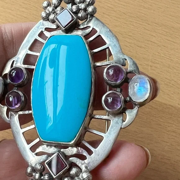HUGE VINTAGE TURQUOISE AMETHYST GARNET MOONSTONE PENDANT PIN BROOCH 925STERLING